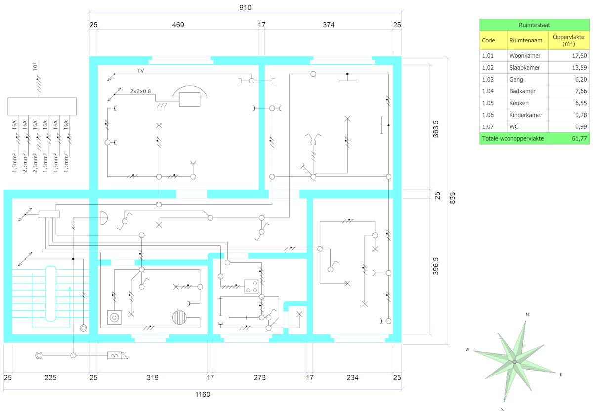 Voorbeeldtekening van een elektrische installatie in een huis met een tabel (legenda van de ruimten)